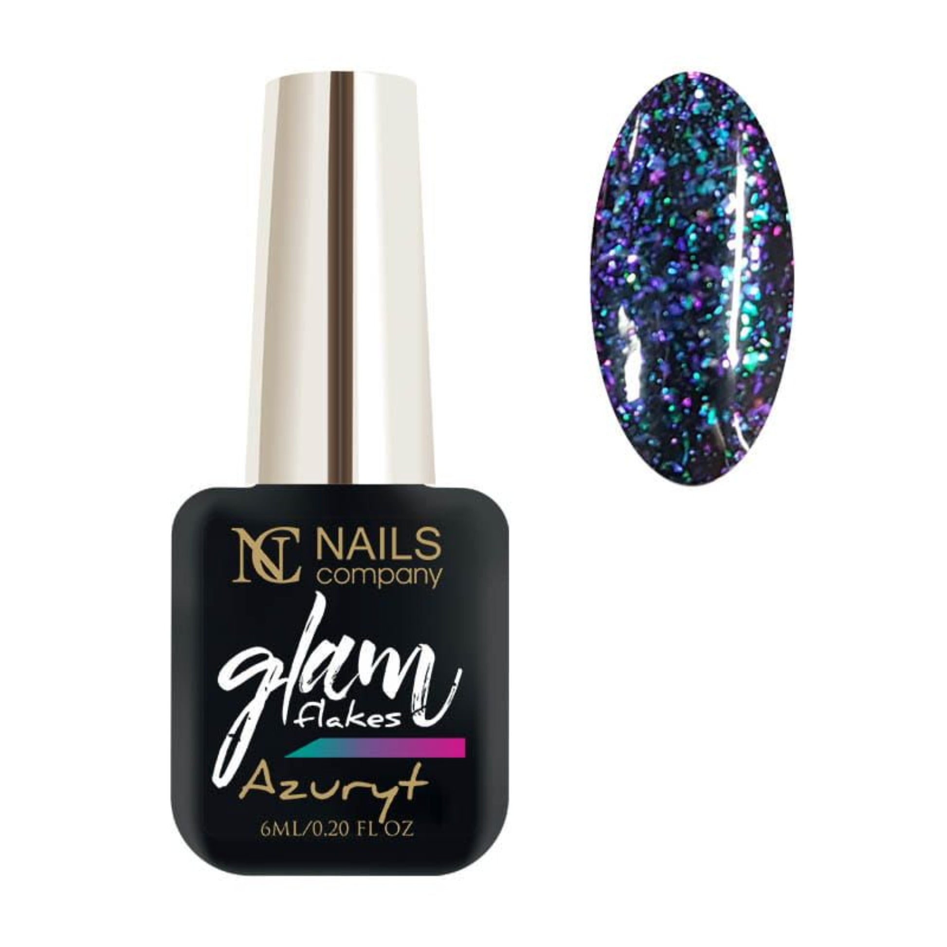 Flacon de vernis semi-permanent Glam Flakes Azuryt de Nails Company, collection Glam, accompagné de tips