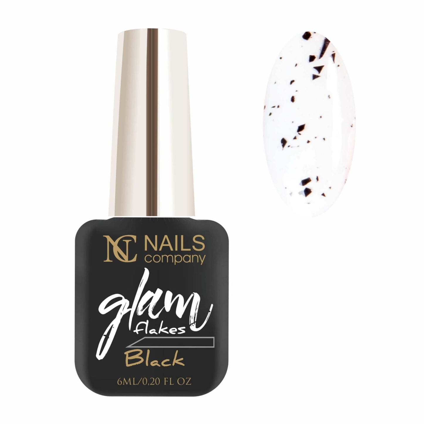 Vernis semi permanent Glam Flakes Black Nails Company présenté avec tips et effet flakes noirs.