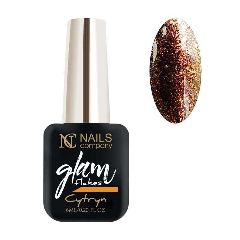 Flacon de vernis semi-permanent Glam Flakes Cytryn de Nails Company, collection Glam, accompagné de tips