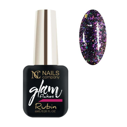 Flacon de vernis semi-permanent Glam Flakes Rubin de Nails Company, collection Glam, accompagné de tips