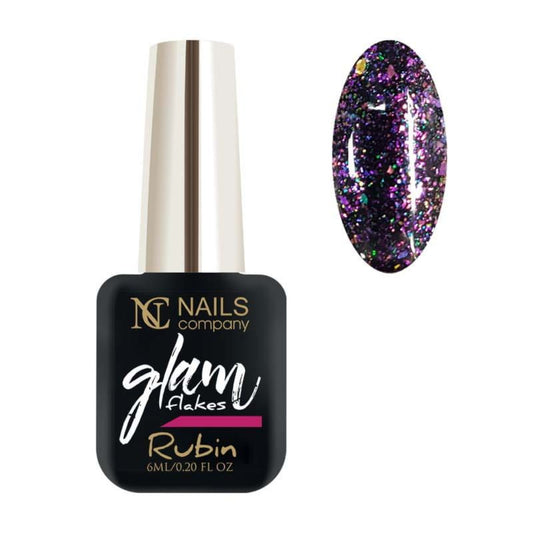 Flacon de vernis semi-permanent Glam Flakes Rubin de Nails Company, collection Glam, accompagné de tips
