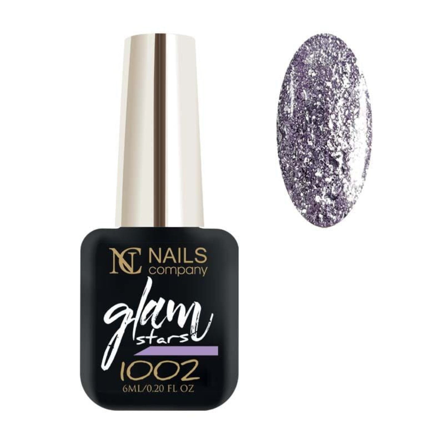 Flacon de vernis semi-permanent Glam Stars 1002 de Nails Company, collection Glam Stars, accompagné de tips