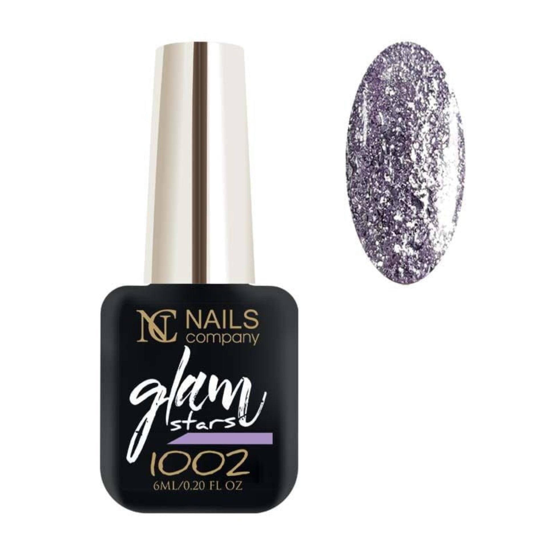 Flacon de vernis semi-permanent Glam Stars 1002 de Nails Company, collection Glam Stars, accompagné de tips