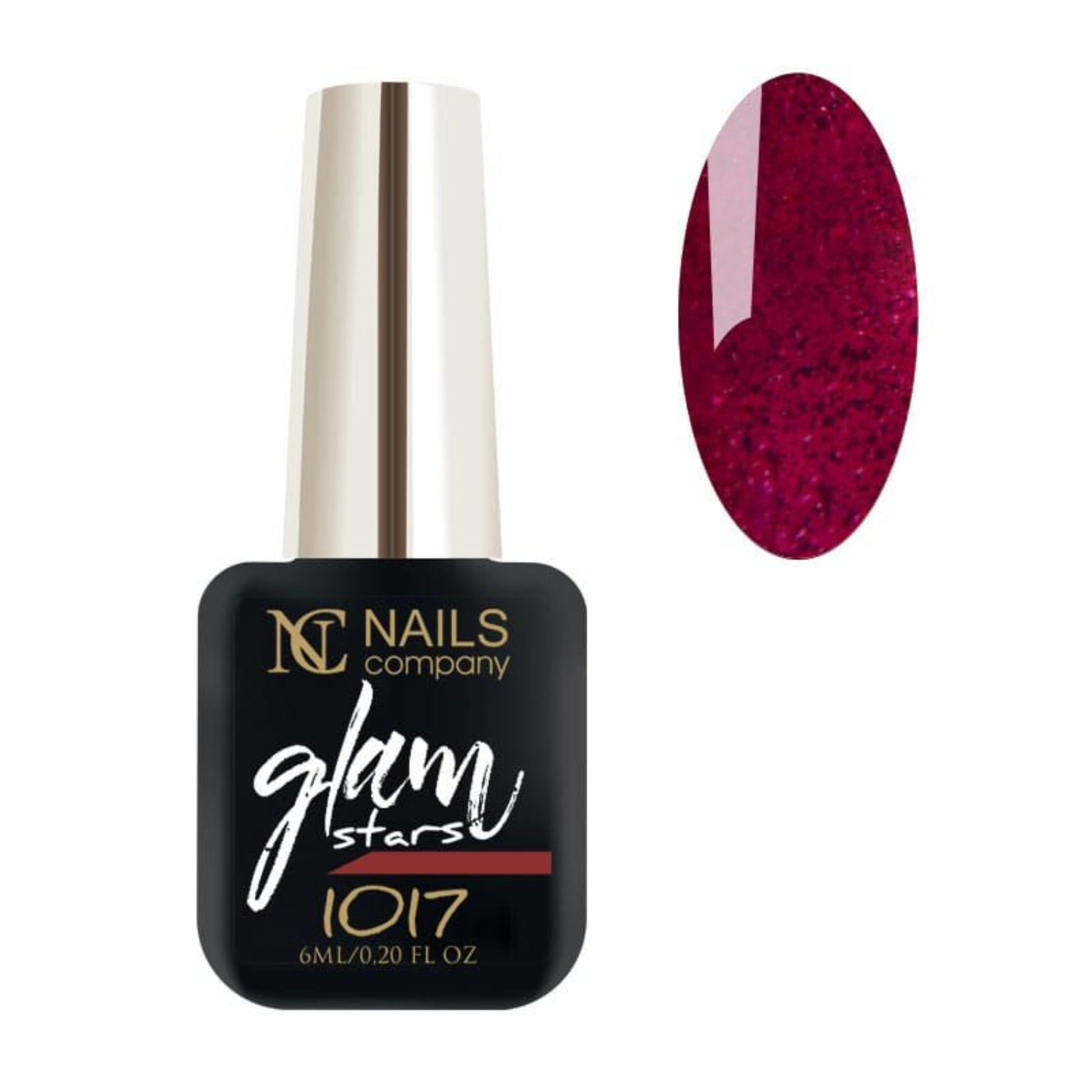 Flacon de vernis semi-permanent Glam Stars 1017 de Nails Company, collection Glam Stars, accompagné de tips