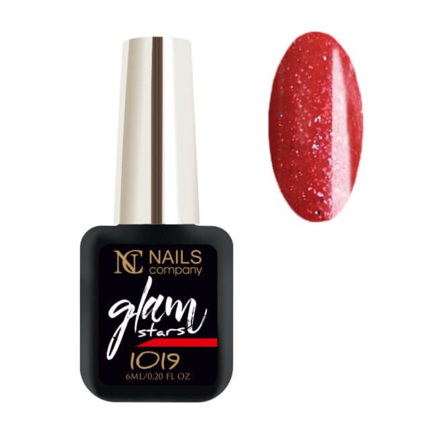 Flacon de vernis semi-permanent Glam Stars 1019 de Nails Company, collection Glam Stars, accompagné de tips