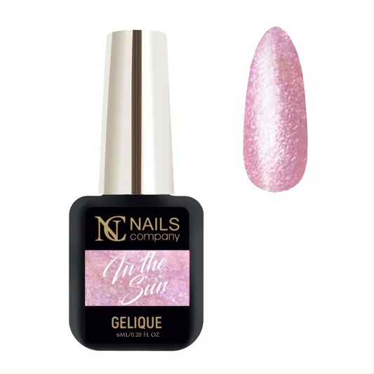 Vernis semi-permanent In the Sun de Nails Company en flacon avec tips, rose pailleté aux reflets lumineux