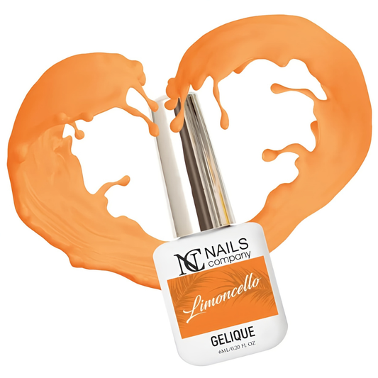 Vernis semi-permanent Limoncello de Nails Company en flacon, orange vif formant un cœur de matière issu de la collection Florence