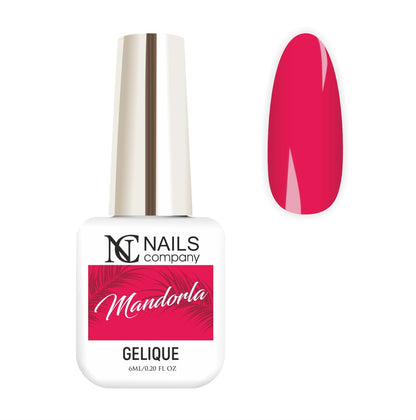 Vernis semi permanent Mandorla Nails Company rose néon présenté avec tips de démonstration.