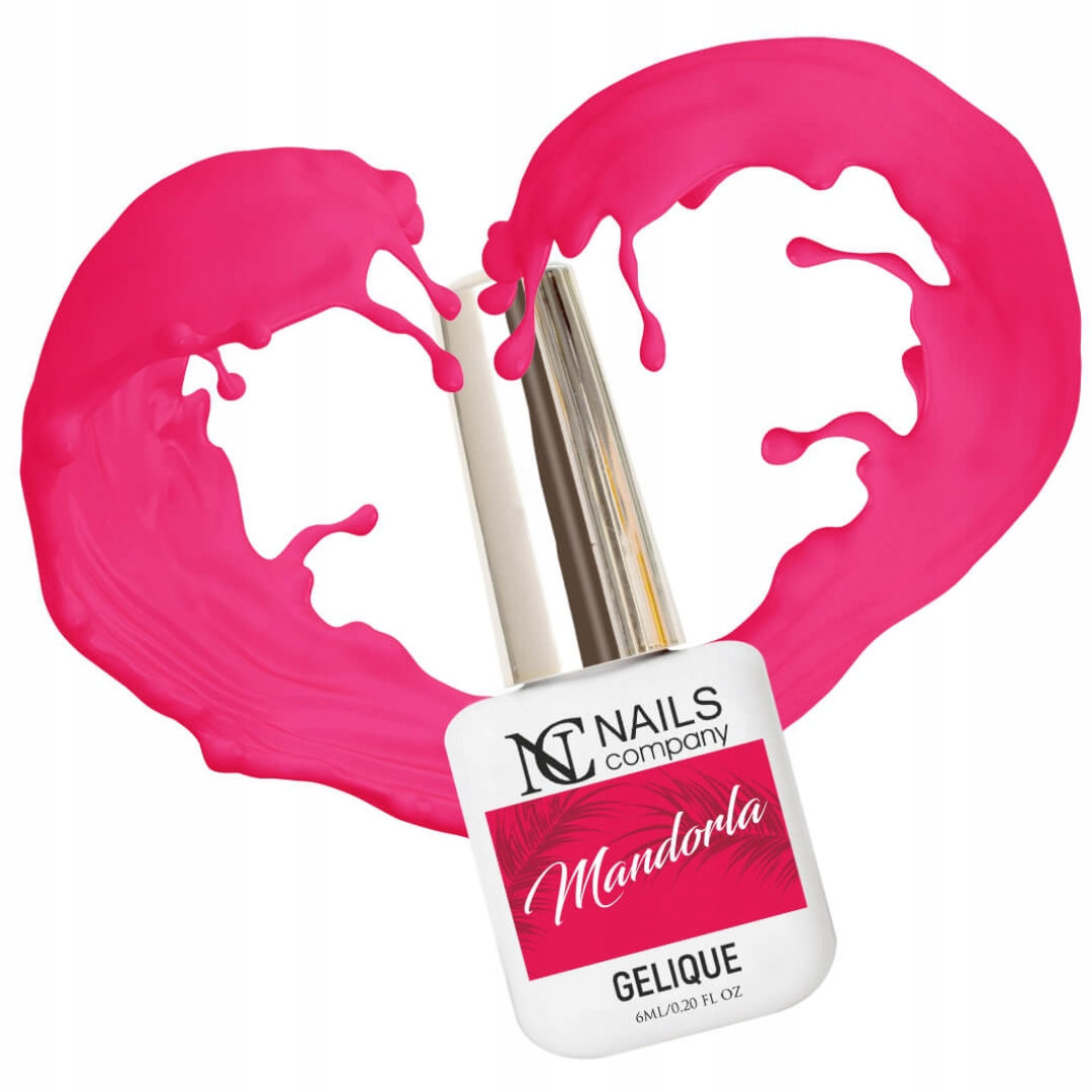 Vernis semi permanent Mandorla Nails Company rose néon avec cœur de couleur émanant du flacon.