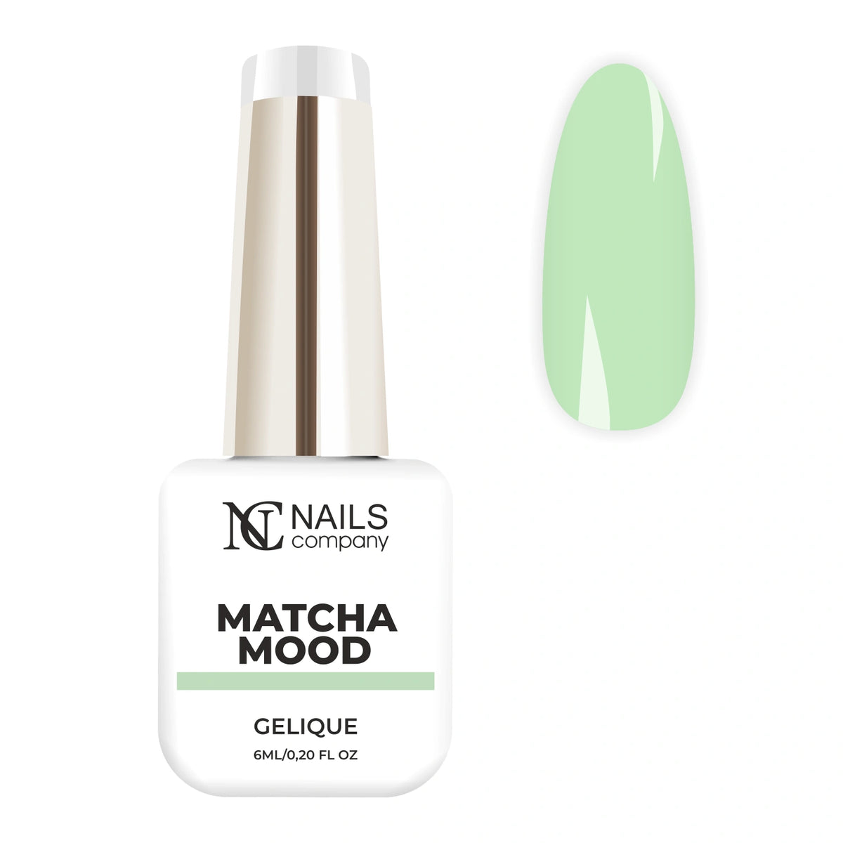 Flacon de vernis semi-permanent Matcha Mood de Nails Company, collection Pick Your Autumn Drink, accompagné de tips