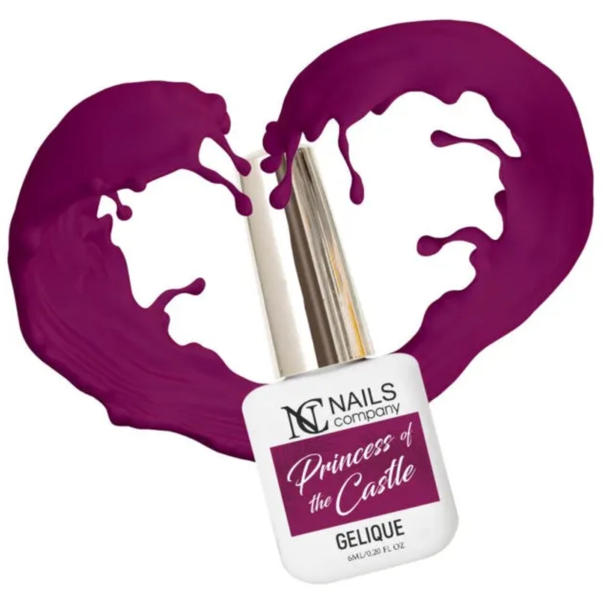 Flacon de vernis semi-permanent Princess Of The Castle de Nails Company, collection Royal Loyal, entouré d’un cœur de vernis violet foncé