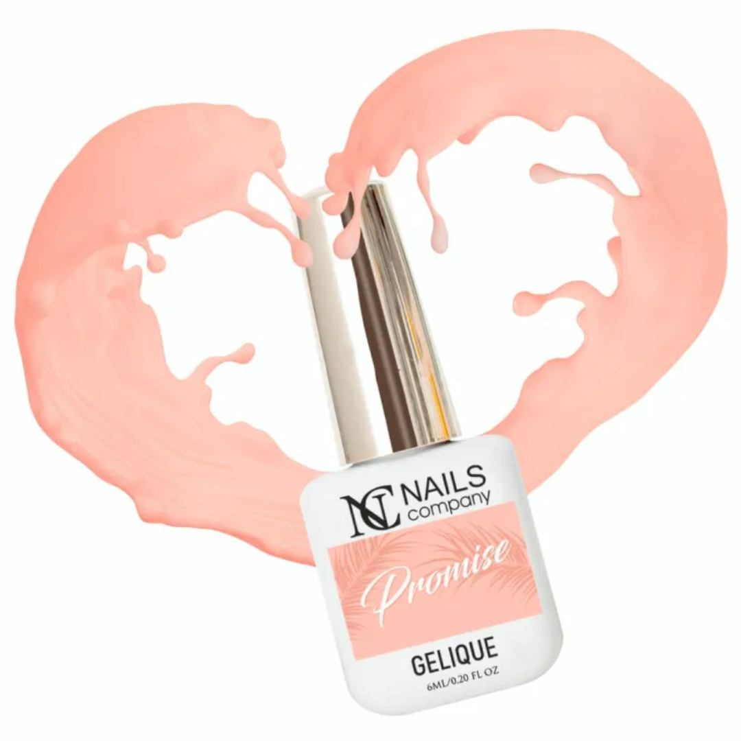 Vernis semi-permanent Promise de Nails Company en flacon, couleur pastel chaude avec cœur de matière qui émane du produit