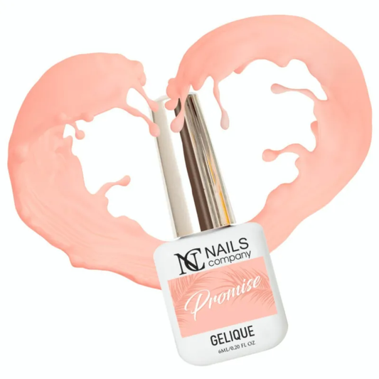 Vernis semi-permanent Promise de Nails Company en flacon, couleur pastel chaude avec cœur de matière qui émane du produit