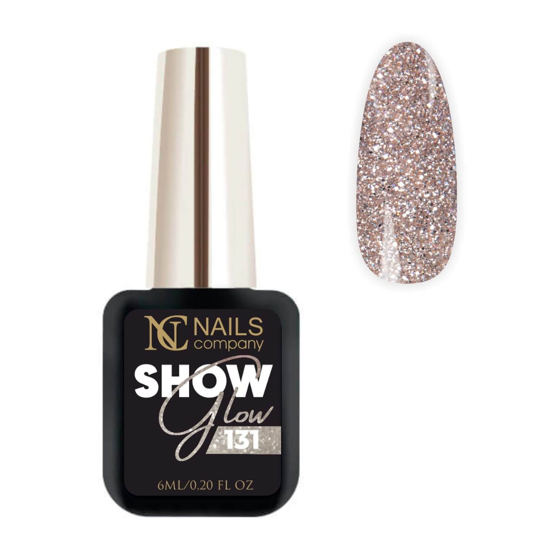 Vernis semi-permanent Show Glow 131 de Nails Company en flacon avec tips, doré à fines particules scintillantes
