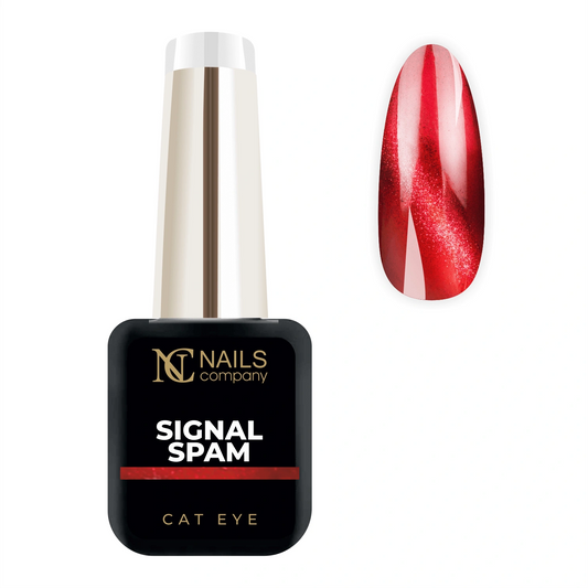 Vernis semi-permanent Signal Spam de Nails Company en flacon avec tips, rouge à nuance orangée cat eye collection Viral Love