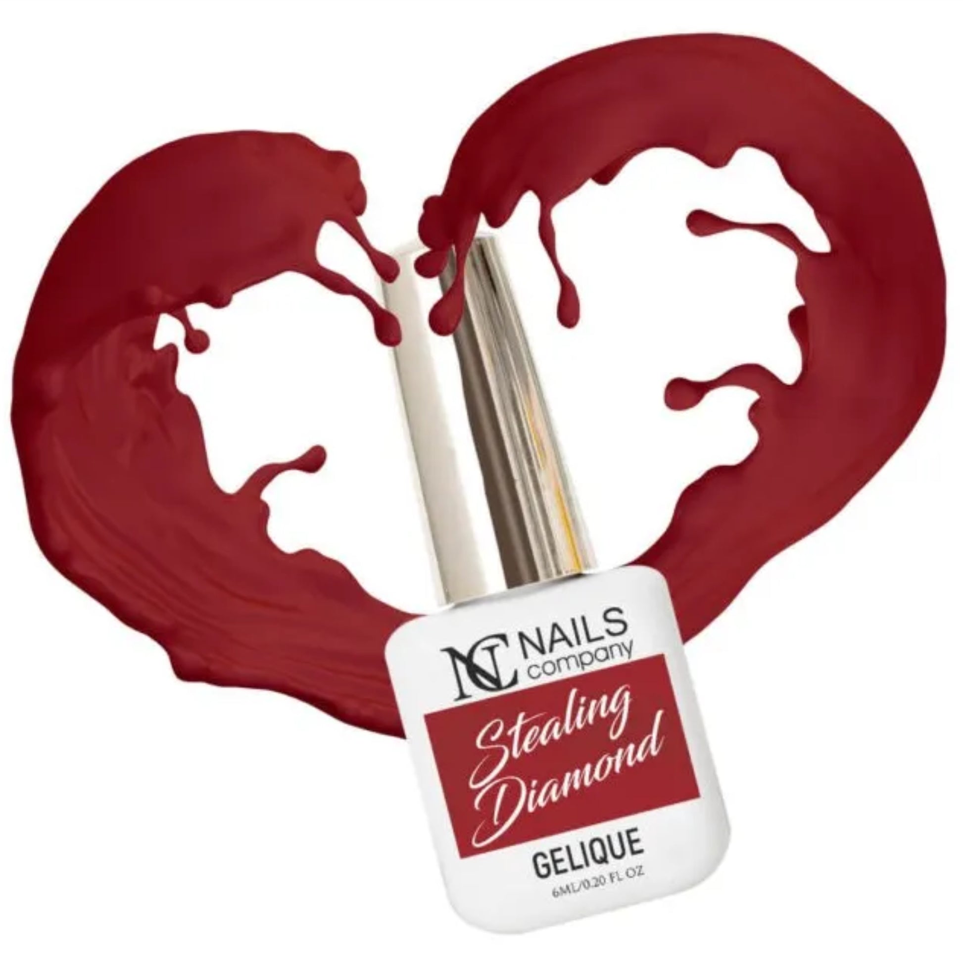 Flacon de vernis semi-permanent Stealing Diamond de Nails Company, collection Royal Loyal, entouré d’un cœur de vernis rouge