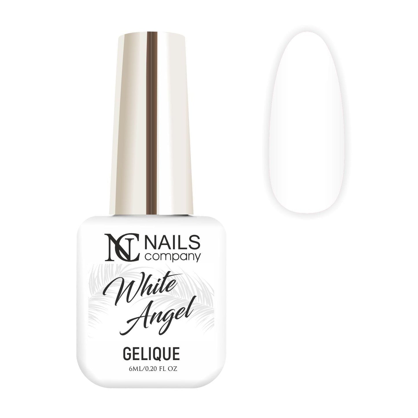 Vernis semi permanent White Angel Nails Company blanc couvrant, flacon présenté avec tip couleur.