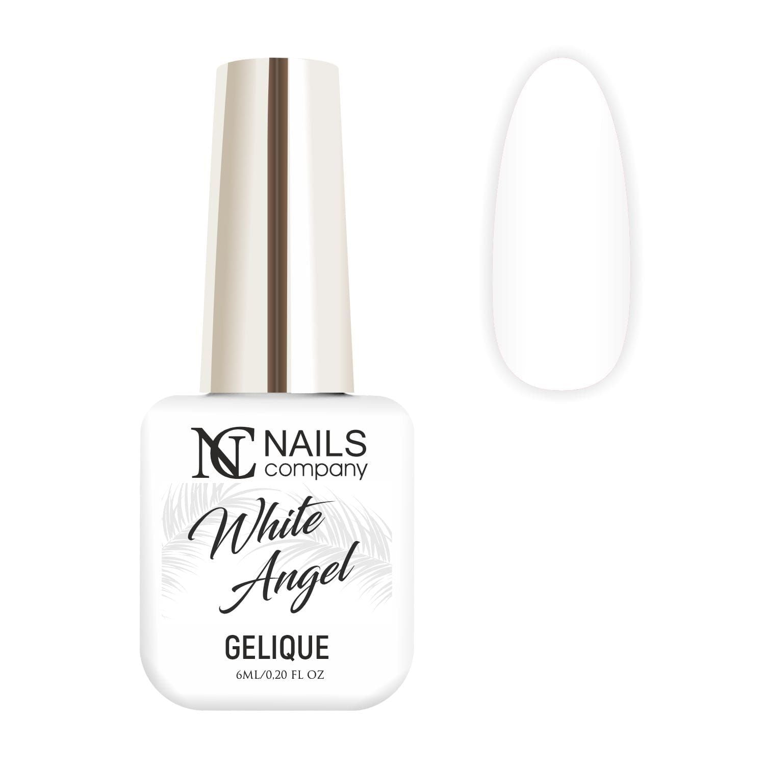 Vernis semi permanent White Angel Nails Company blanc couvrant, flacon présenté avec tip couleur.