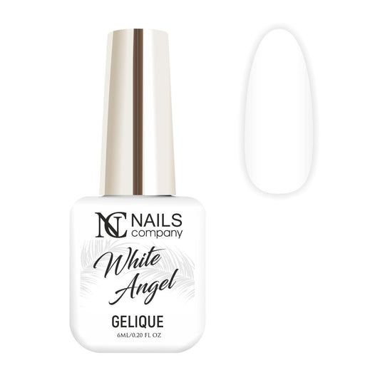 Vernis semi permanent White Angel Nails Company blanc couvrant, flacon présenté avec tip couleur.
